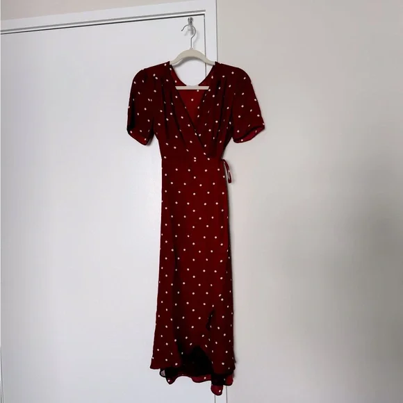 Dresses | Isalis Burgundy And White Polka Dot Midi Wrap Dress Xs | Poshmark Dresses | Isalis Burgundy And White Polka Dot Midi Wrap Dress Xs | Poshmark